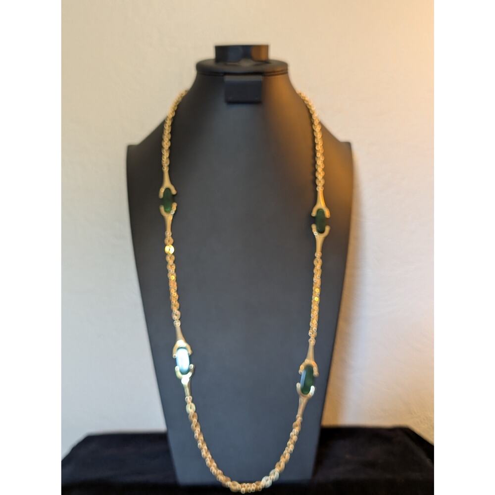 Vintage Gold Tone Chain W/ Green Acrylic Bead Articulated Station Long Necklace